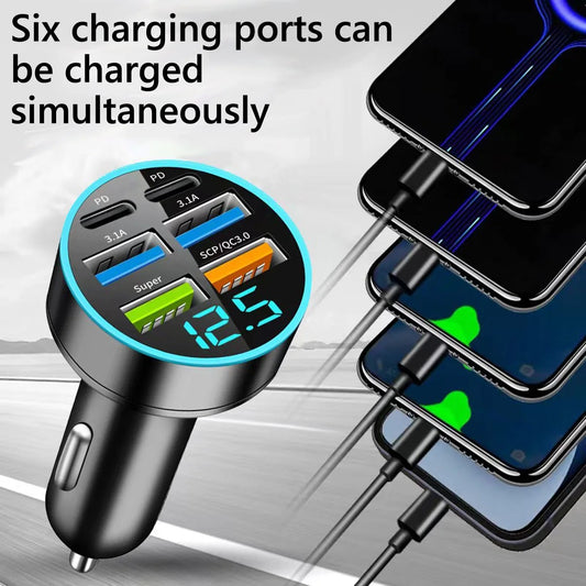 120W Multi-Port USB-C Car Charger – Fast Charge Hub with Digital Display
