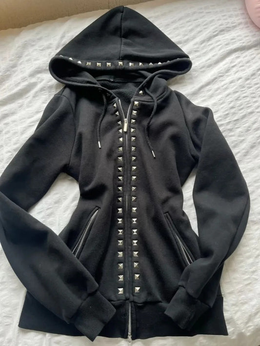 🖤 Y2K Gothic Rivet Zip-Up Hoodie – Oversized Women’s Streetwear